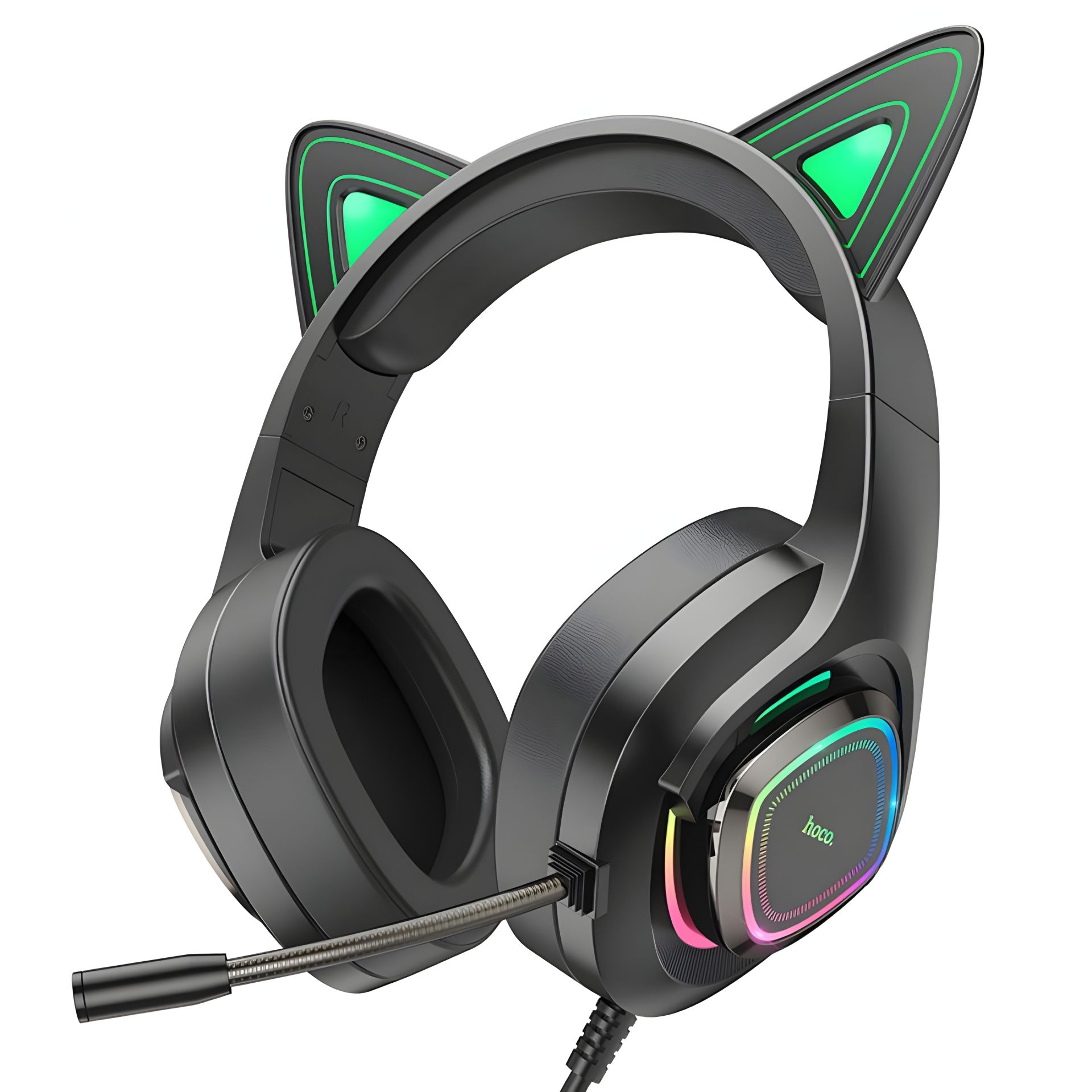 Ігрові навушники Hoco W107 Cute Cat Ear (дротові), USB, 3.5mm, 2m, Black-Green Ігрові навушники Hoco W107 Cute Cat Ear (дротові), USB, 3.5mm, 2m, Black-Green