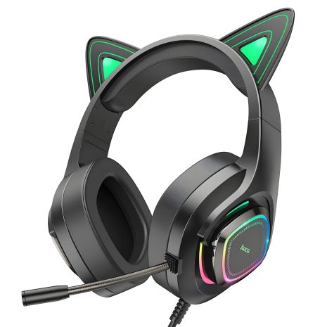 Ігрові навушники Hoco W107 Cute Cat Ear (дротові), USB, 3.5mm, 2m, Black-Green
