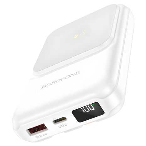 Повербанк Borofone BJ26 (10000mAh / Out: USB 22,5W QC3.0, Type-C 20W PD, Qi 15W / In: Type-C 18W, + Cable Type-C 18W) с LED индикатором, Белый