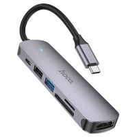 Hoco HB28 USB Hub Type-C multi-function converter (HDMI+USB3.0+USB2.0+SD+TF+PD), металл серый