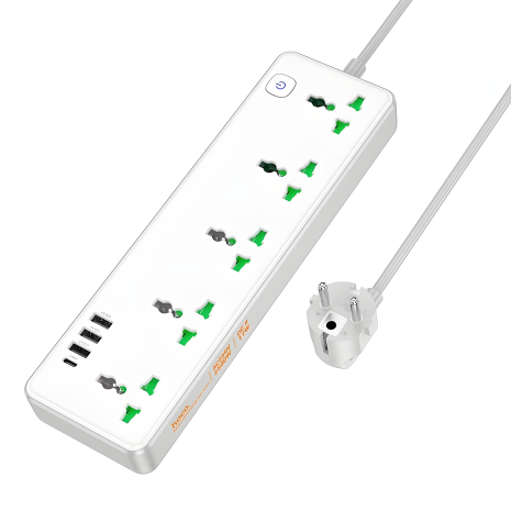 Удлинитель зарядный сетевой Hoco AC13A 1m с 3 USB/Type-C, 5 розеток белый