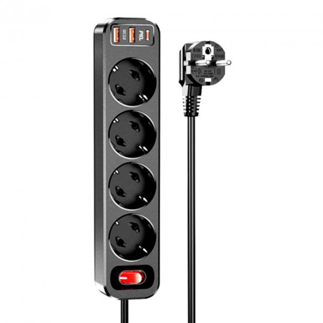 Мережевий подовжувач HOCO NS1 Aura 4-bit extension cable socket fast charge 2USB/1Type-C, 4Sockets, 4000W, 20W/3A, PD/QC, 1.8m| black