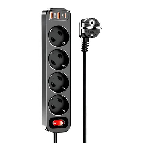 HOCO NS1 Aura мережевий подовжувач, 4 розетки, швидка зарядка 2USB/1Type-C, 4000W, 20W/3A, PD/QC, 1.8m | чорний