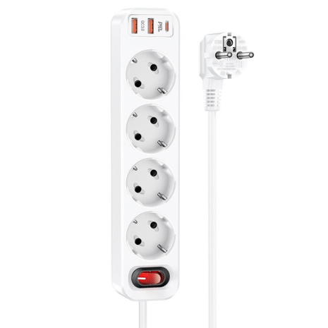 Мережевий зарядний пристрій подовжувач Hoco NS1 2 USB/ Type-C QC PD 4 розетки біле