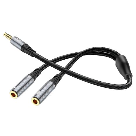 Серый переходник адаптер Hoco UPA21 / штекер 3.5 (4pin звук+микрофон) на разъемы 2*3.5 (3pin звук + 3pin микрофон)