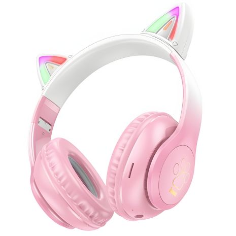 Беспроводные наушники полноразмерные с подсветкой Hoco W42 Cat Ear |BT5.3, AUX/TF, 10h| розовые