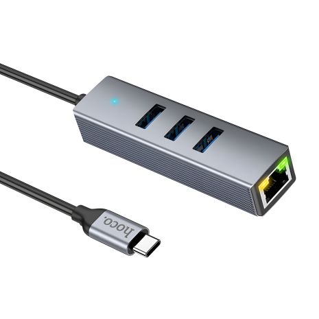 Адаптер Hoco HB34 (Type-C на RJ45 1Gbit Ethernet +3*USB3.0) серый