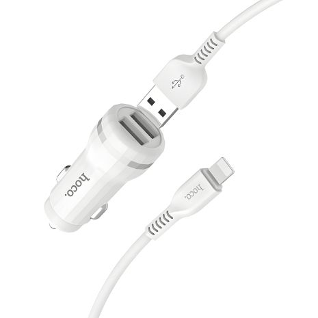 Зарядний автомобіль Hoco Z27 (2USB/2.4A) + Кабель iPhone Білий