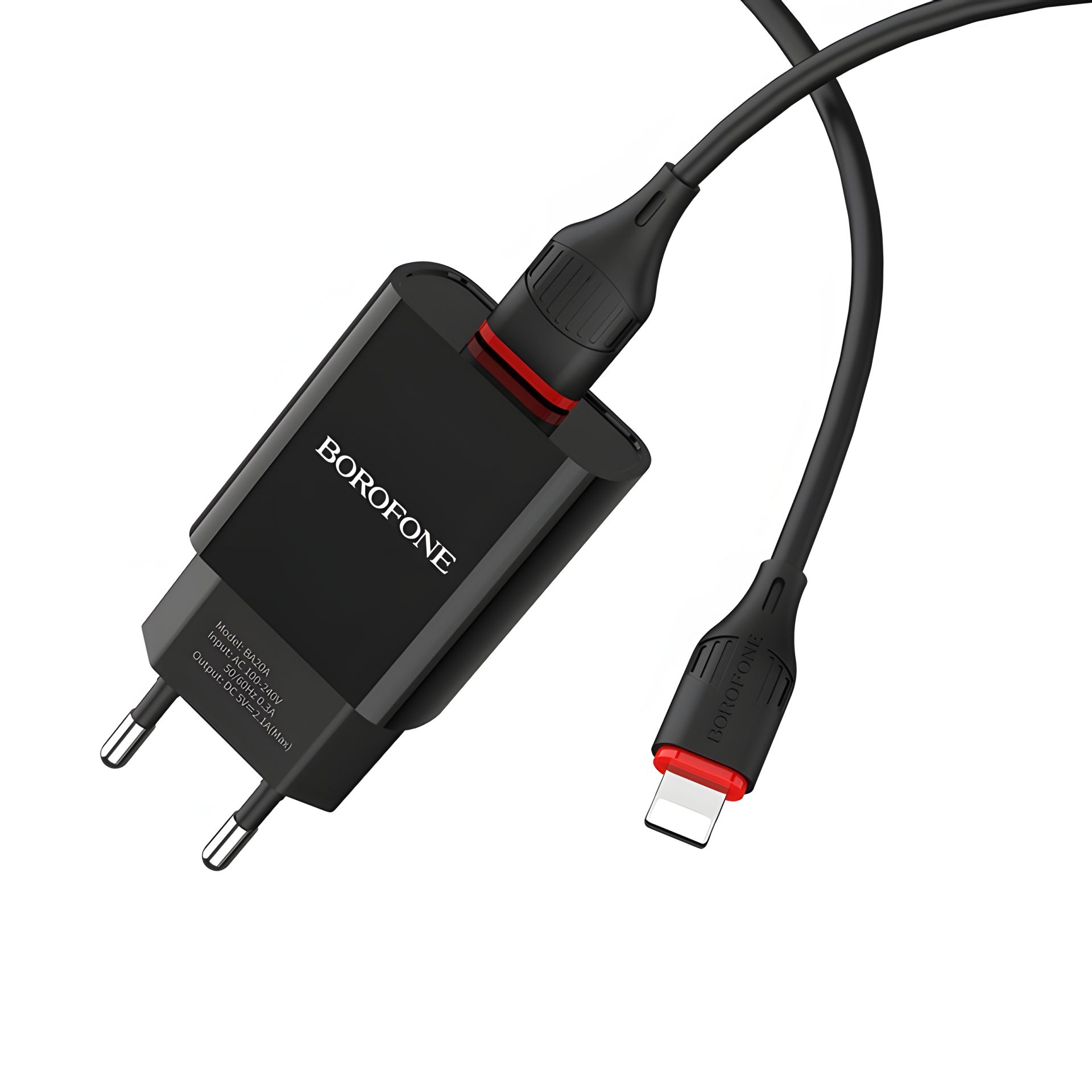 Зарядний пристрій Borofone BA20A з кабелем USB to Lightning, 1USB, 2.1A, Чорний Зарядний пристрій Borofone BA20A з кабелем USB to Lightning, 1USB, 2.1A, Чорний