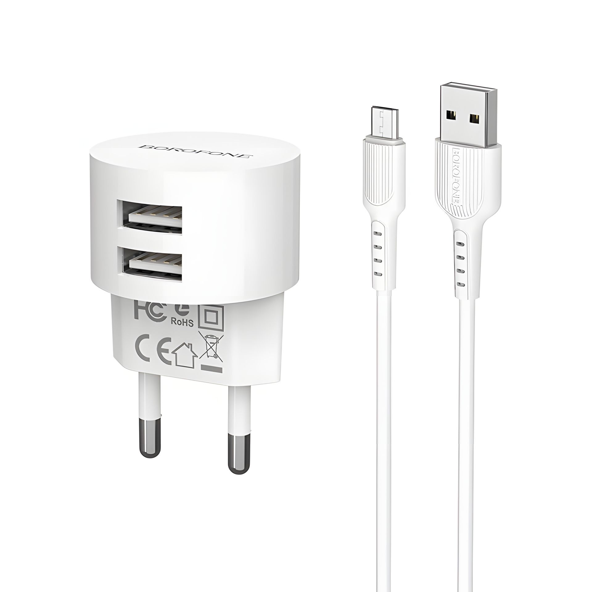 Мережевий зарядний пристрій Borofone BA23A з кабелем USB to MicroUSB, 2USB, 2.4A, білий Мережевий зарядний пристрій Borofone BA23A з кабелем USB to MicroUSB, 2USB, 2.4A, білий