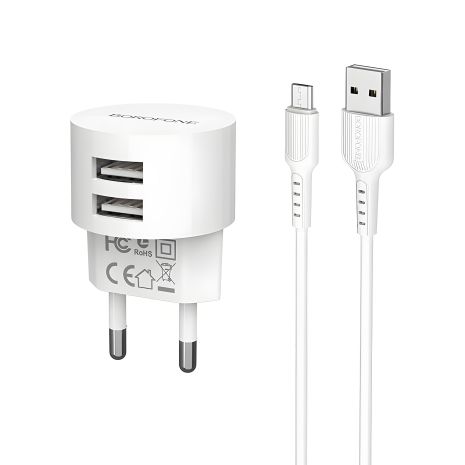 Мережевий зарядний пристрій Borofone BA23A з кабелем USB to MicroUSB, 2USB, 2.4A, білий