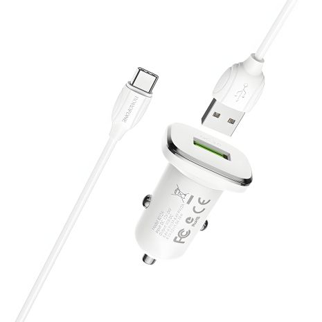 Автозарядка Borofone BZ12A QC 3.0 18W + Кабель USB to Type-C Белый