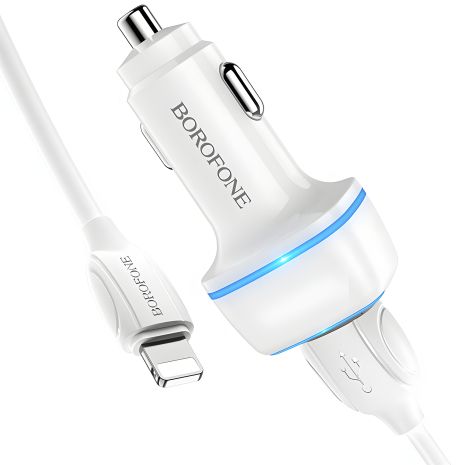 Автомобільний зарядний пристрій Borofone BZ14 Lightning 2USB 2.4A White