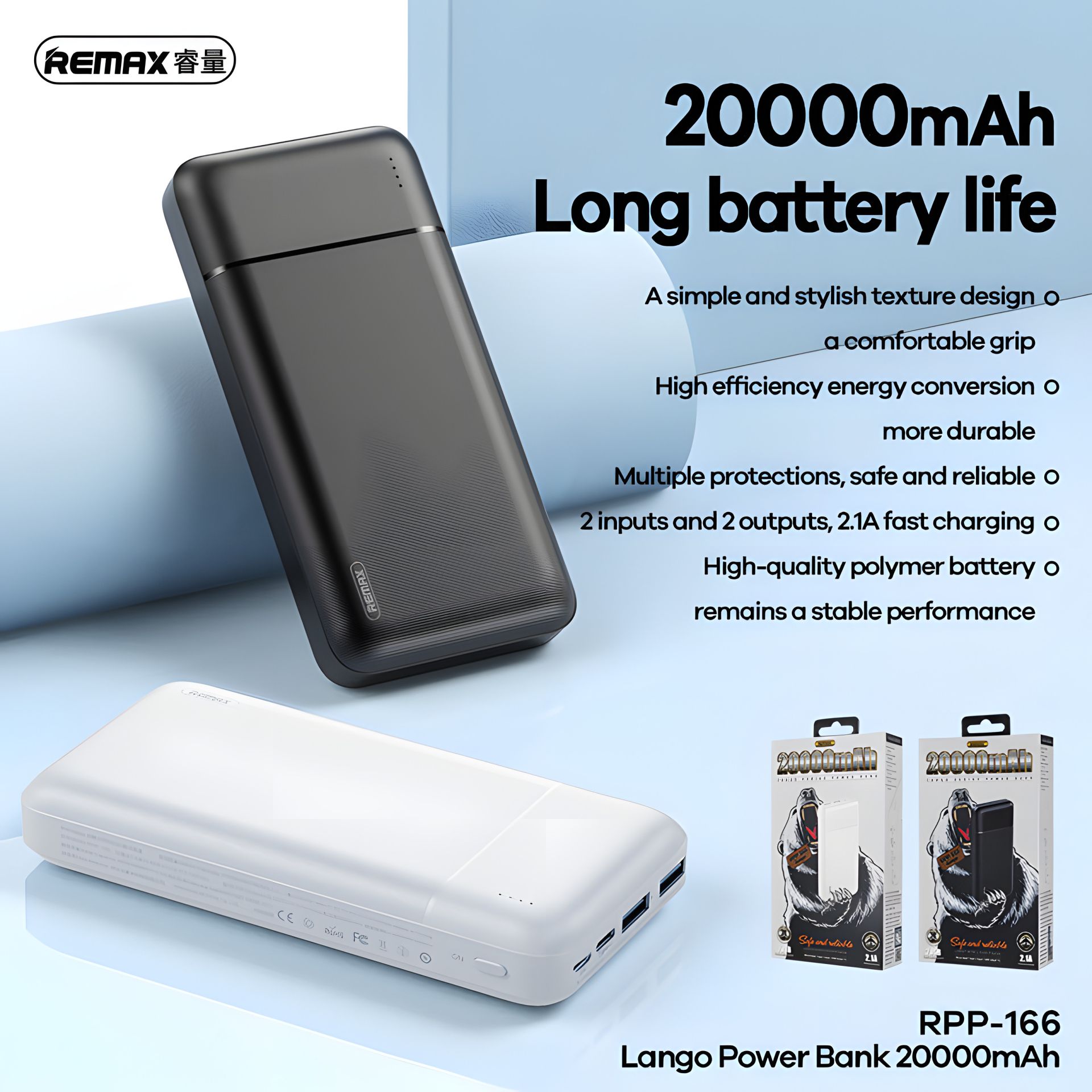 Повербанк Remax RPP-166 Lango (20000 mAh / Out: 2USB 5V/2.1A / In: Type-C, micro-USB 5V/2.1A ) с LED индикатором, Белый Повербанк Remax RPP-166 Lango (20000 mAh / Out: 2USB 5V/2.1A / In: Type-C, micro-USB 5V/2.1A ) с LED индикатором, Белый