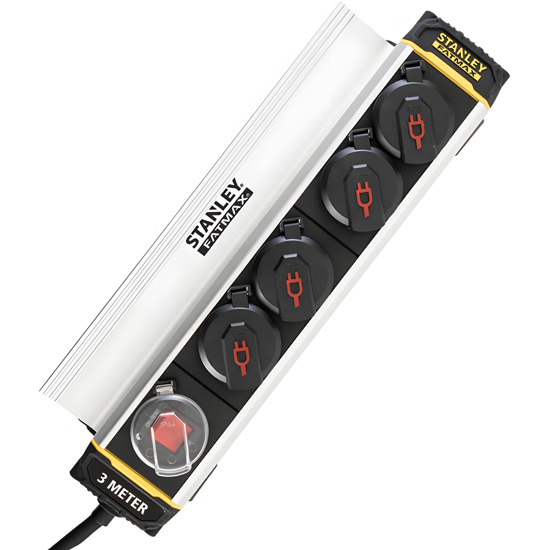 Фільтр мережі Stanley Fatmax 3 м, 3x1.5мм2, IP44, 4 розетки з кришками, алюміній Фільтр мережі Stanley Fatmax 3 м, 3x1.5мм2, IP44, 4 розетки з кришками, алюміній