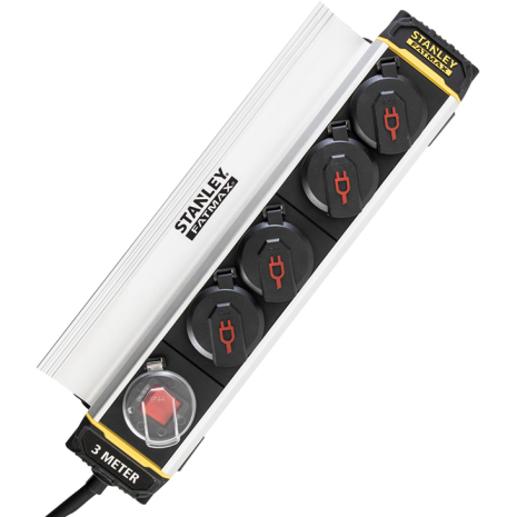 Фільтр мережі Stanley Fatmax 3 м, 3x1.5мм2, IP44, 4 розетки з кришками, алюміній Фільтр мережі Stanley Fatmax 3 м, 3x1.5мм2, IP44, 4 розетки з кришками, алюміній