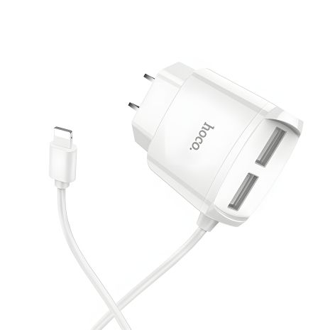 Зарядний пристрій Hoco C59A Mega joy 2USB 2.4A white + Cable Lightning