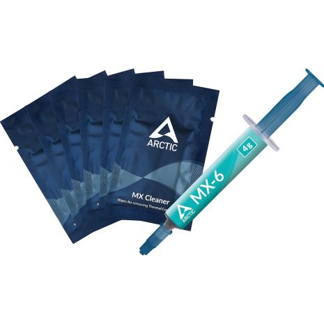 Термопаста ARCTIC MX-6, з 6шт. MX Cleaner, 45000 Poise, 2,6 г/см³, -50 ~ 150°C, 1.8 x 10¹² Омсм, 7,5 кВ/мм, 4г