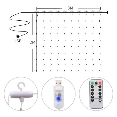 RGB USB LED Гірлянда Штора, 3x2 м, 8 режимів, З Пультом
