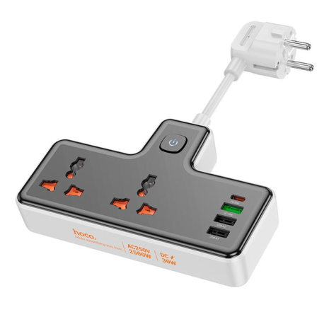 Подовжувач HOCO 2-position expansion socket AC12A | 3USB/Type-C, PD/QC, 30W/10A | black