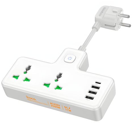 HOCO Voyage 2-position extension socket AC11A | 3USB/Type-C, 10A | white