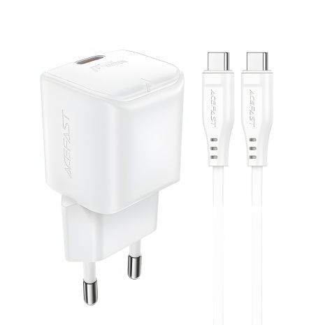 Белый зарядник Acefast A77 mini Type-C PD30W GaN + кабель Type-C to Type-C