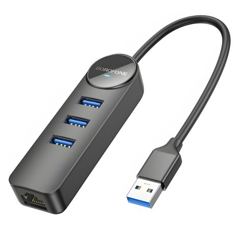 Адаптер Gigabit Ethernet Borofone DH6 Erudite 4-в-1 (USB на USB3.0*3 + RJ45) 0.2м черный
