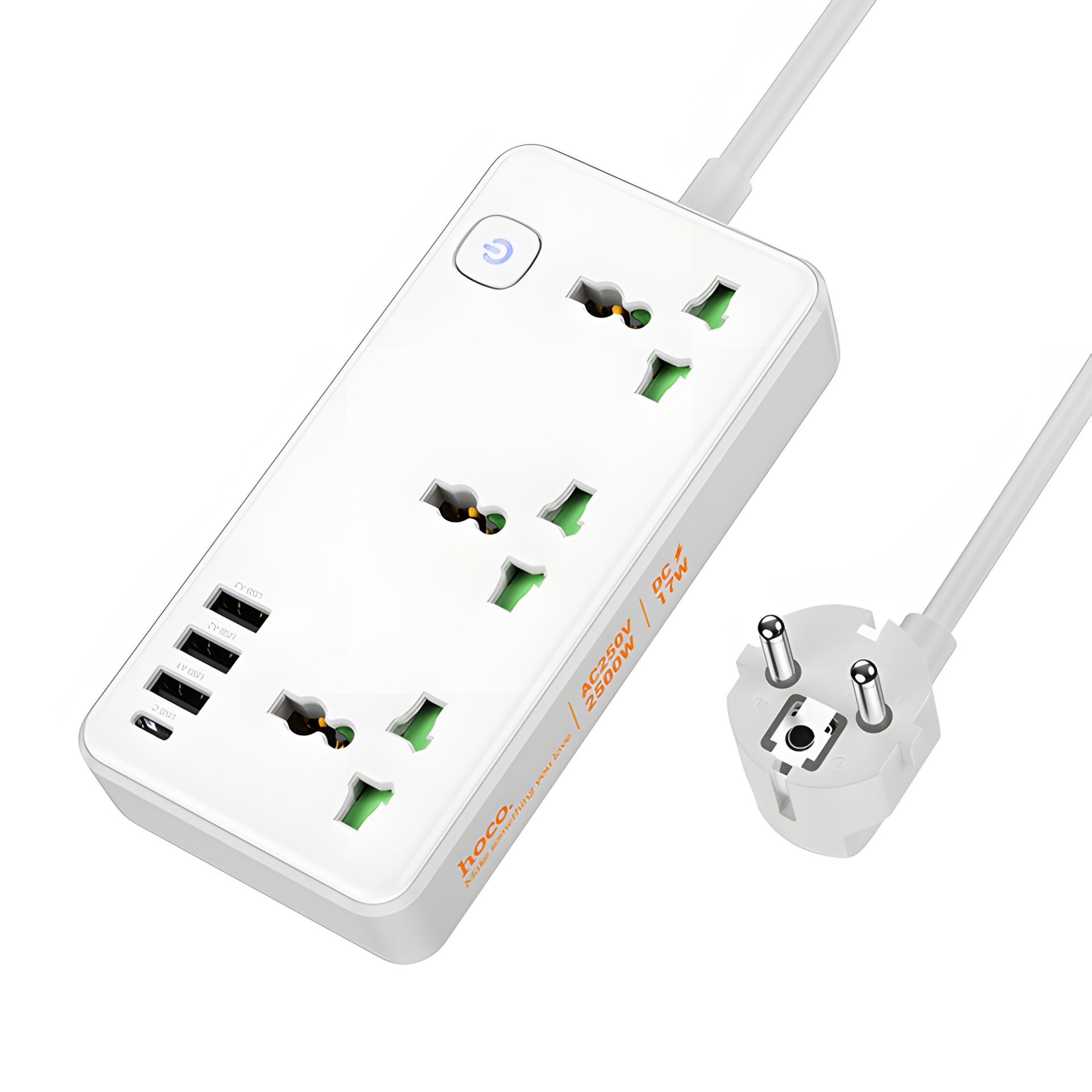 Удлинитель зарядное устройство Hoco AC7A 3 USB/Type-C, 3 розетки, 1.5m, белый Удлинитель зарядное устройство Hoco AC7A 3 USB/Type-C, 3 розетки, 1.5m, белый