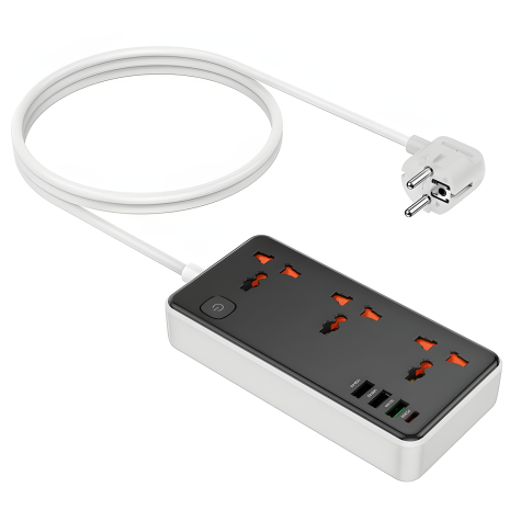 Подовжувач-зарядний пристрій мережевий Hoco AC8A 3 USB/Type-C PD QC 30W, 1.5m, 3 розетки, чорний