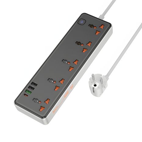 Зарядний пристрій-подовжувач мережевий Hoco AC14A 3 USB/Type-C PD 30W, 1m, 5 розеток, чорний Зарядний пристрій-подовжувач мережевий Hoco AC14A 3 USB/Type-C PD 30W, 1m, 5 розеток, чорний