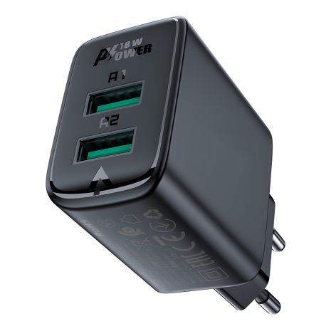 Черное зарядное устройство Acefast A33 2 USB QC