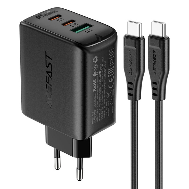 Сетевое зарядное устройство Acefast A13 USB/ 2 Type-C QC PD 65W черное + кабель Type-C to Type-C Сетевое зарядное устройство Acefast A13 USB/ 2 Type-C QC PD 65W черное + кабель Type-C to Type-C