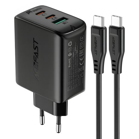 Зарядний пристрій Acefast A13 з USB/2 Type-C QC PD 65W, чорний, кабель Type-C to Type-C додано Зарядний пристрій Acefast A13 з USB/2 Type-C QC PD 65W, чорний, кабель Type-C to Type-C додано