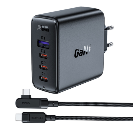 Зарядний пристрій Acefast A37 USB/3 Type-C QC PD 100W чорний + кабель Type-C to Type-C Зарядний пристрій Acefast A37 USB/3 Type-C QC PD 100W чорний + кабель Type-C to Type-C