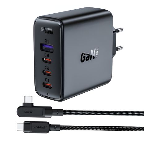 Зарядний пристрій Acefast A37 з USB/3 Type-C QC PD 100W, чорний, кабель Type-C to Type-C додано Зарядний пристрій Acefast A37 з USB/3 Type-C QC PD 100W, чорний, кабель Type-C to Type-C додано