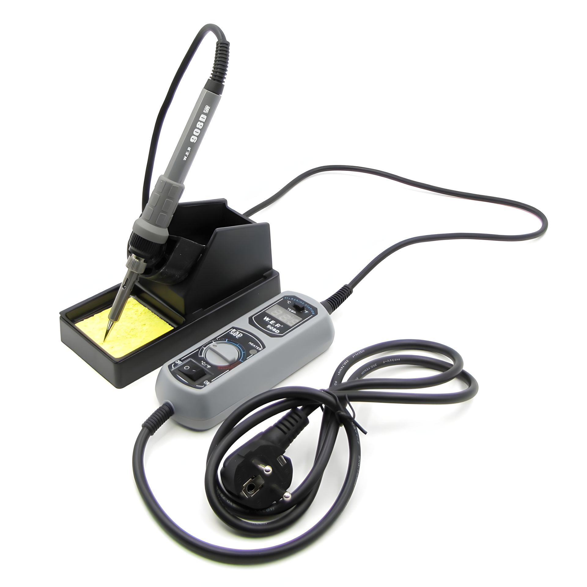 Паяльник WEP 908D з портативним блоком управління та підставкою (65W, цифрова індикація, аналогове регулювання t 200-480 гр C, жало 900M) Паяльник WEP 908D з портативним блоком управління та підставкою (65W, цифрова індикація, аналогове регулювання t 200-480 гр C, жало 900M)