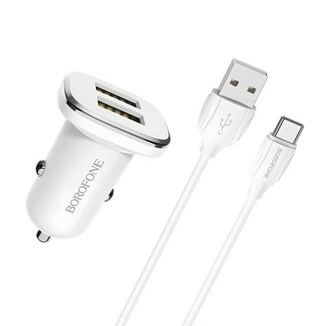 Зарядний пристрій авто Borofone BZ12 2.4A Type-C 2 USB White