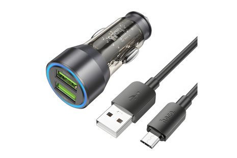 Hoco Автомобільний зарядний пристрій NZ12 2 USB QC 36W прозорий чорний + кабель USB to MicroUSB