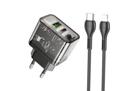 Прозрачно-черное сетевое зарядное устройство Hoco N34 USB / Type-C QC PD 20W + Type-C to Lightning кабель