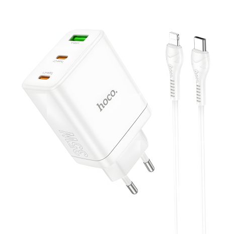 Зарядний пристрій Hoco N33 з мережевим блоком USB/2 Type-C PD 35W білий + кабель Type-C до Lightning