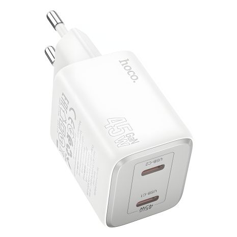 Мережевий зарядний пристрій Hoco N42 з 2 Type-C PD 45W, білий