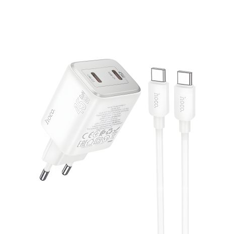 Зарядний пристрій Hoco N42 2 Type-C PD 45W білий + кабель Type-C to Type-C Зарядний пристрій Hoco N42 2 Type-C PD 45W білий + кабель Type-C to Type-C