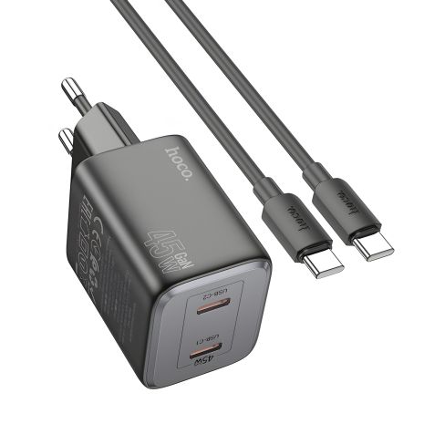 Зарядний пристрій Hoco N42 з мережею | 2 Type-C, 45W PD QC, чорний | + кабель Type-C до Type-C