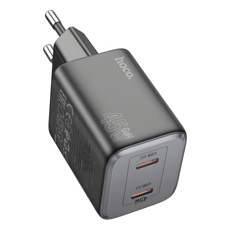 Зарядний пристрій Hoco N42 з мережею | 2 Type-C, 45W PD QC, чорний