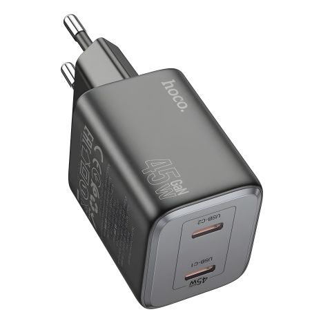 Зарядний пристрій Hoco N42 з мережею | 2 Type-C, 45W PD QC, чорний