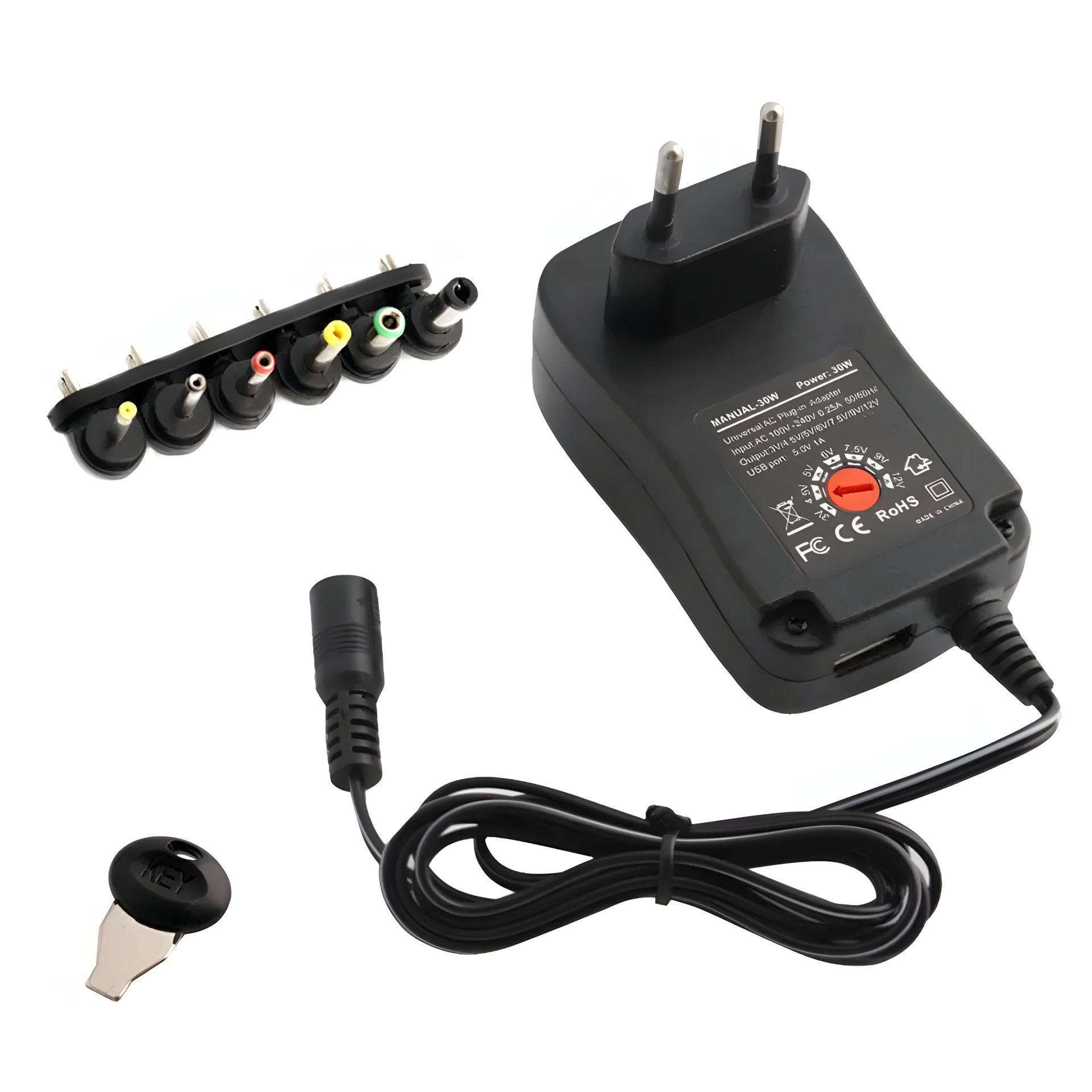 Універсальний блок живлення/адаптер AC-DC 30W | 3V – 12V, 2.5A, USB 5Vx2.1A | вибір напруги та комплект перехідників чорний Універсальний блок живлення/адаптер AC-DC 30W | 3V – 12V, 2.5A, USB 5Vx2.1A | вибір напруги та комплект перехідників чорний