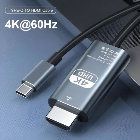 Перехідник адаптер 4K 60Hz Type-C to HDMI 2m, металевий, ПВХ, чорний-сірий (TH001-MPV20KG-460)