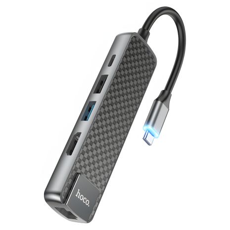 Мультиадаптер хаб Hoco HB23 5-в-1 Type-C к USB 3.0 (F)/ USB 2.0 (F)/ HDMI (F)/ Type-C (F)/ RJ45 (F) PD 60W 0.135м