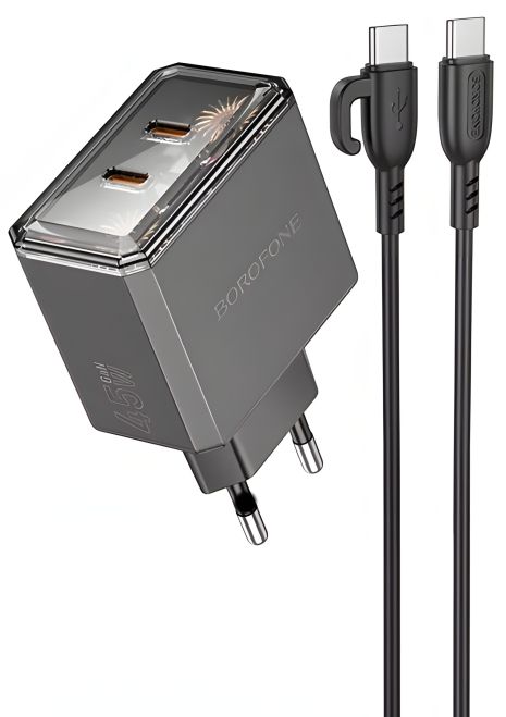 Мережевий зарядний пристрій Borofone BAS33A 2USB-C PD/QC45W Type-C Чорний Мережевий зарядний пристрій Borofone BAS33A 2USB-C PD/QC45W Type-C Чорний