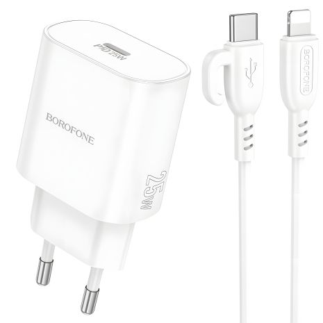 Білий зарядний пристрій Borofone BA82A 1USB-C PD/QC 25W + Type-C to Lightning Білий зарядний пристрій Borofone BA82A 1USB-C PD/QC 25W + Type-C to Lightning